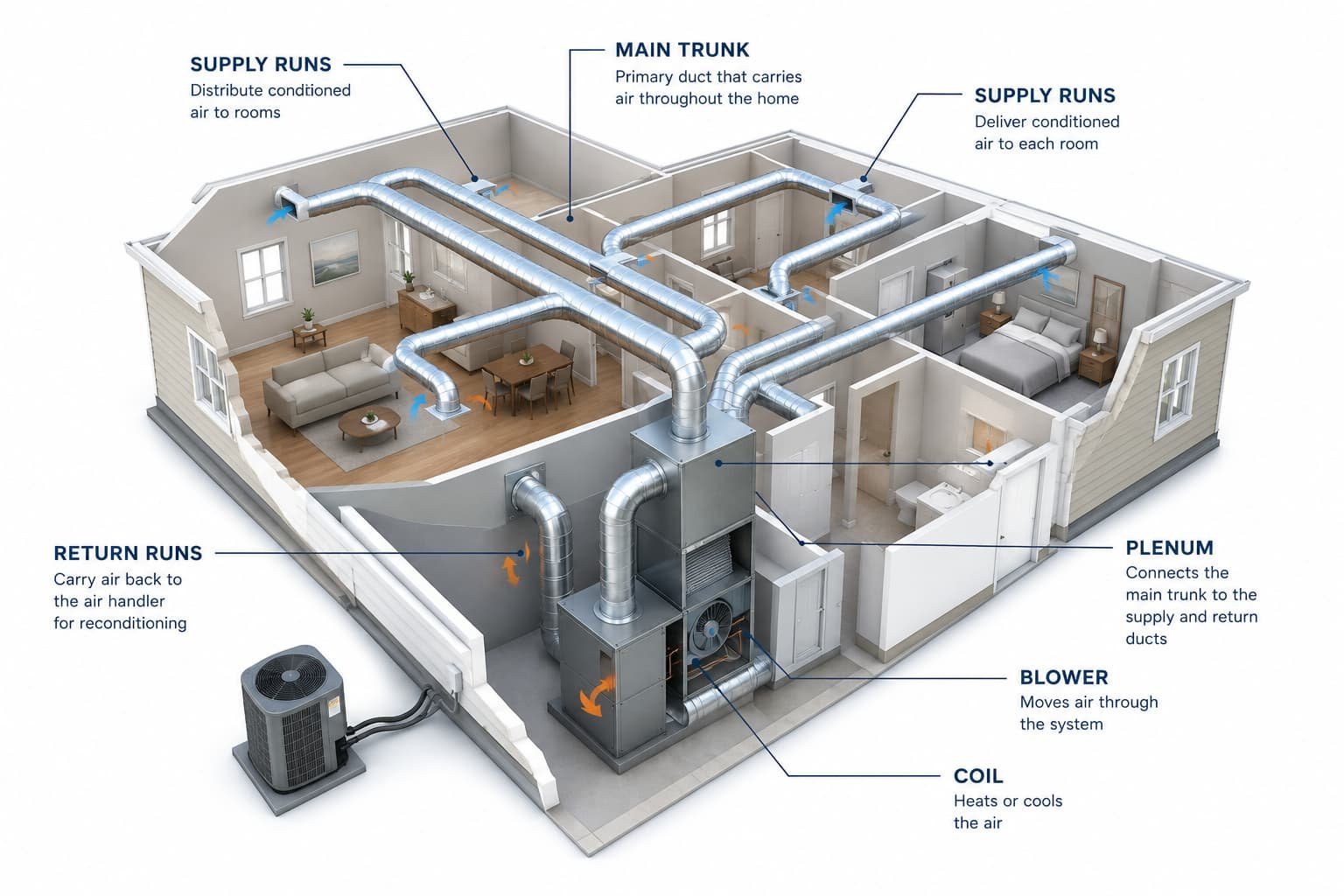 HVAC duct system diagram showing supply runs, return runs, trunk lines, plenum, blower, and coil