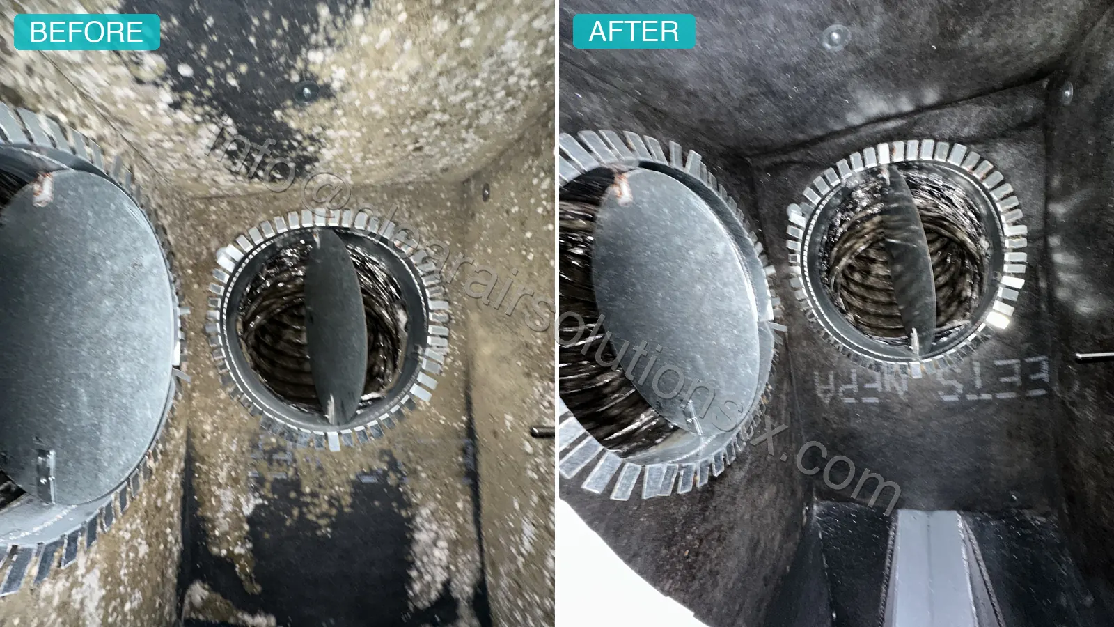 Before and after Plenum Box Cleaning in Katy, TX by ClearAir Solutions, June 2026