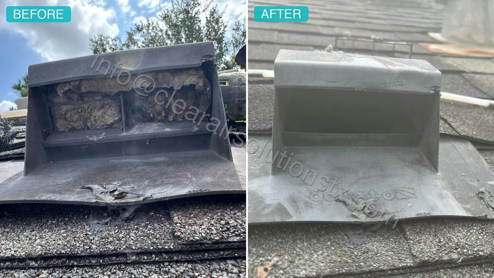 Before and after Dryer Vent Cleaning in Pearland, TX by ClearAir Solutions, July 2026