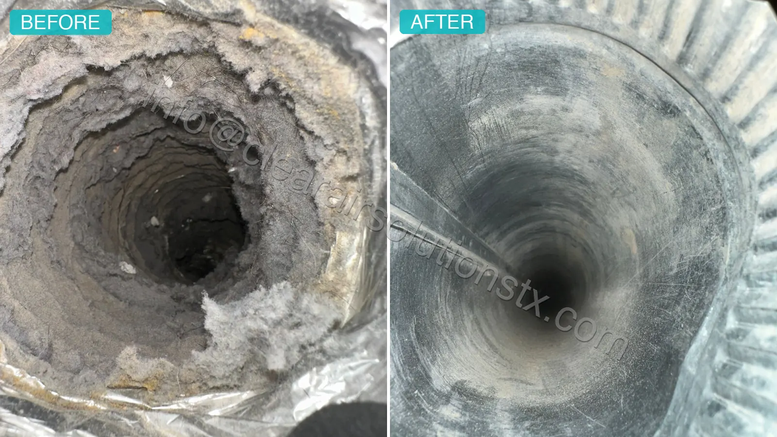 Before and after Dryer Vent Cleaning in Humble, TX by ClearAir Solutions, July 2026