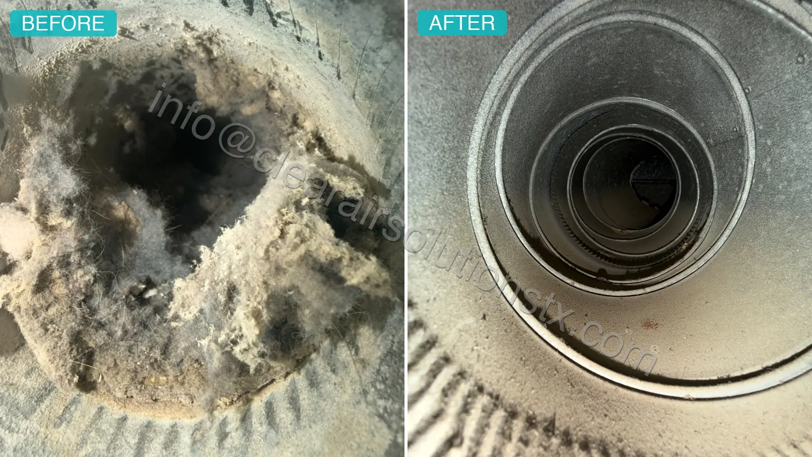 Before and after Dryer Vent Cleaning in Richmond, TX by ClearAir Solutions, July 2026