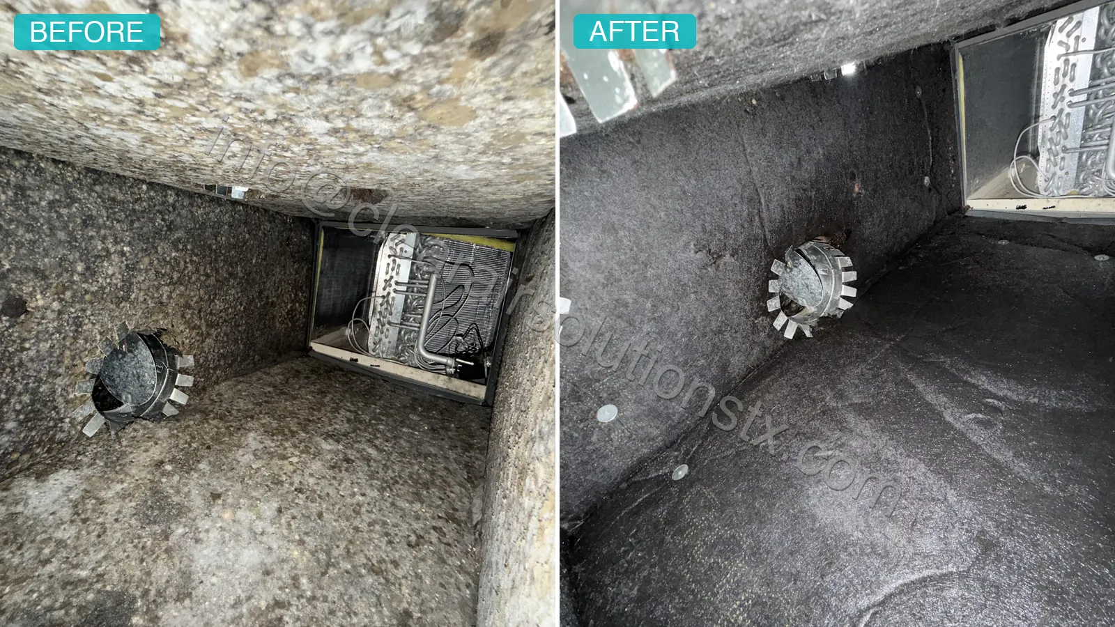 Before and after Plenum Box Cleaning in The Woodlands, TX by ClearAir Solutions, July 2026