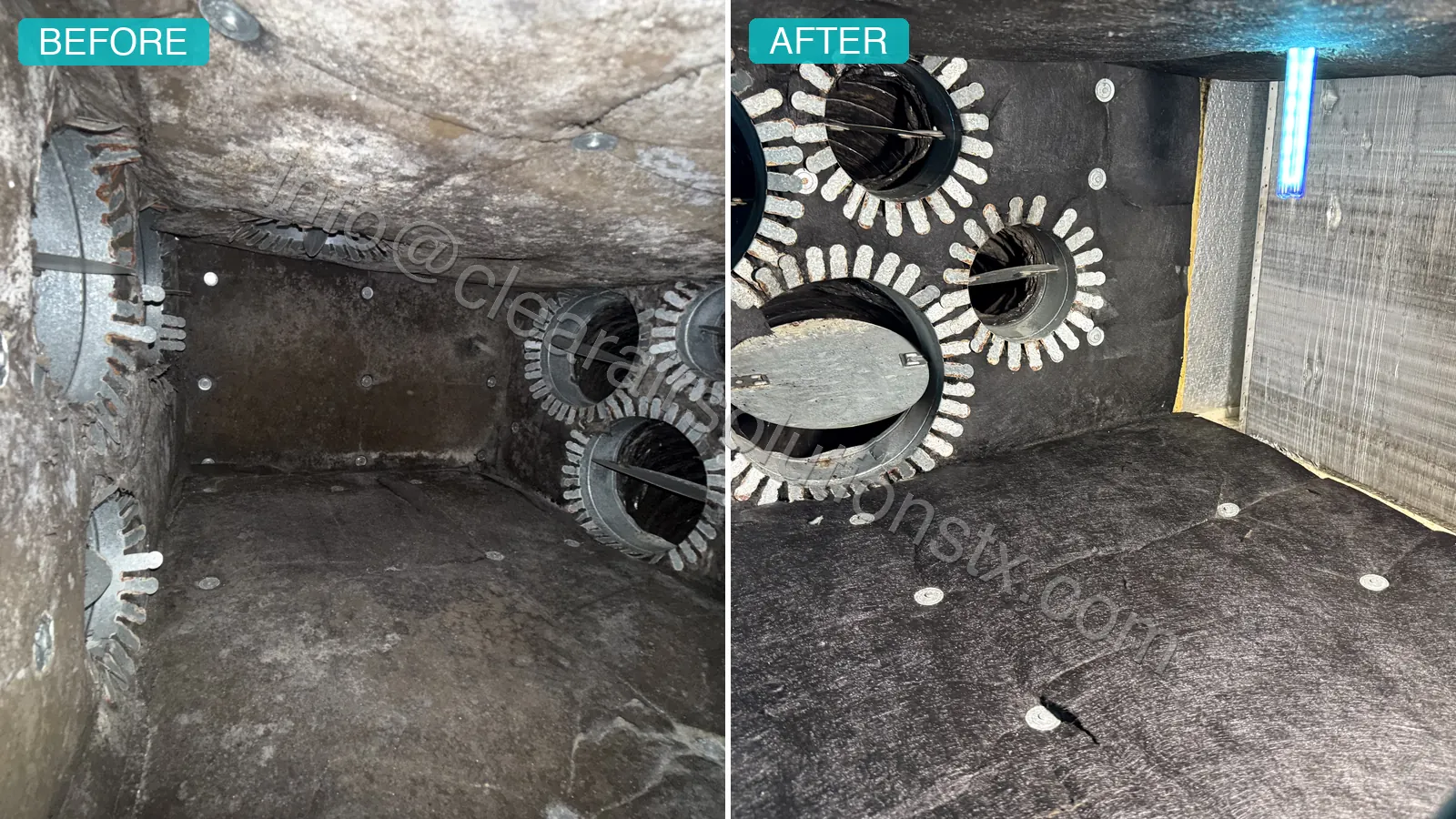 Before and after Plenum Box Cleaning in Kingwood, TX by ClearAir Solutions, July 2026