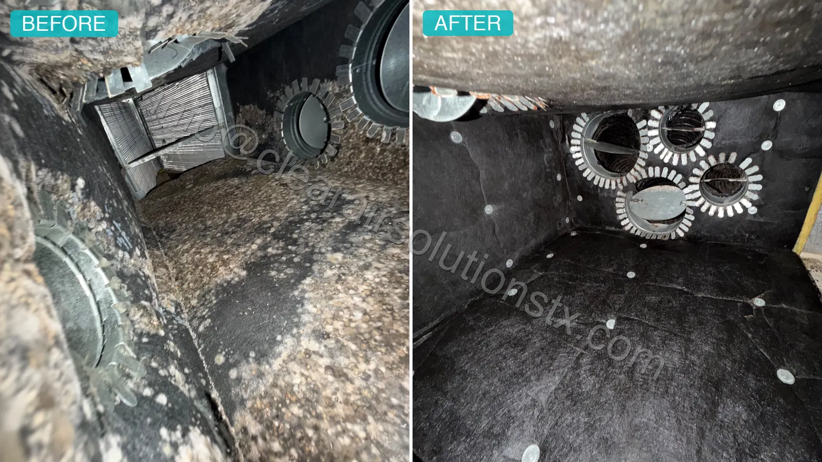 Before and after Plenum Box Cleaning in League City, TX by ClearAir Solutions, July 2026