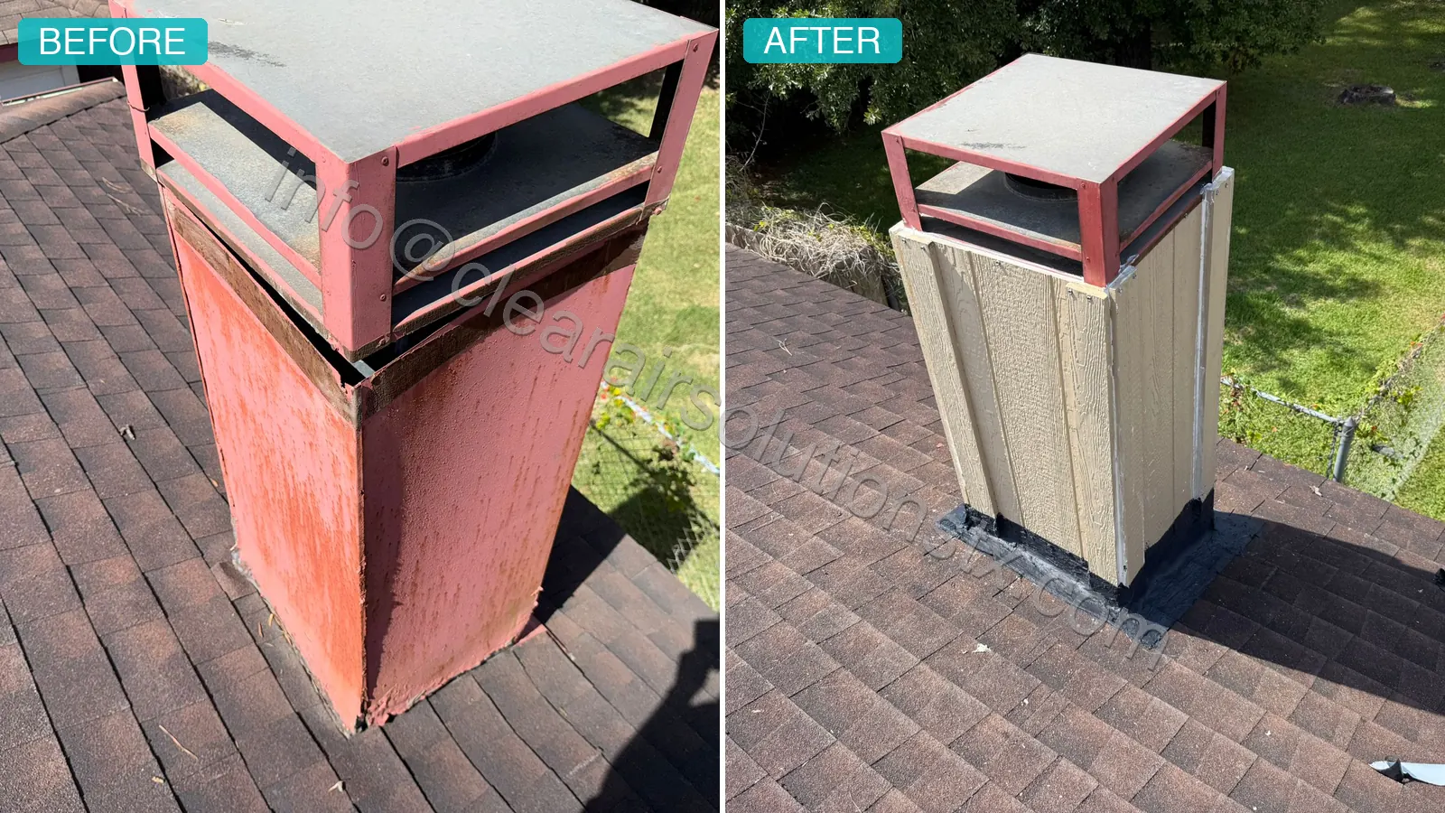 Before and after Chimney Chase Cover Replacement in Cypress, TX by ClearAir Solutions, August 2026