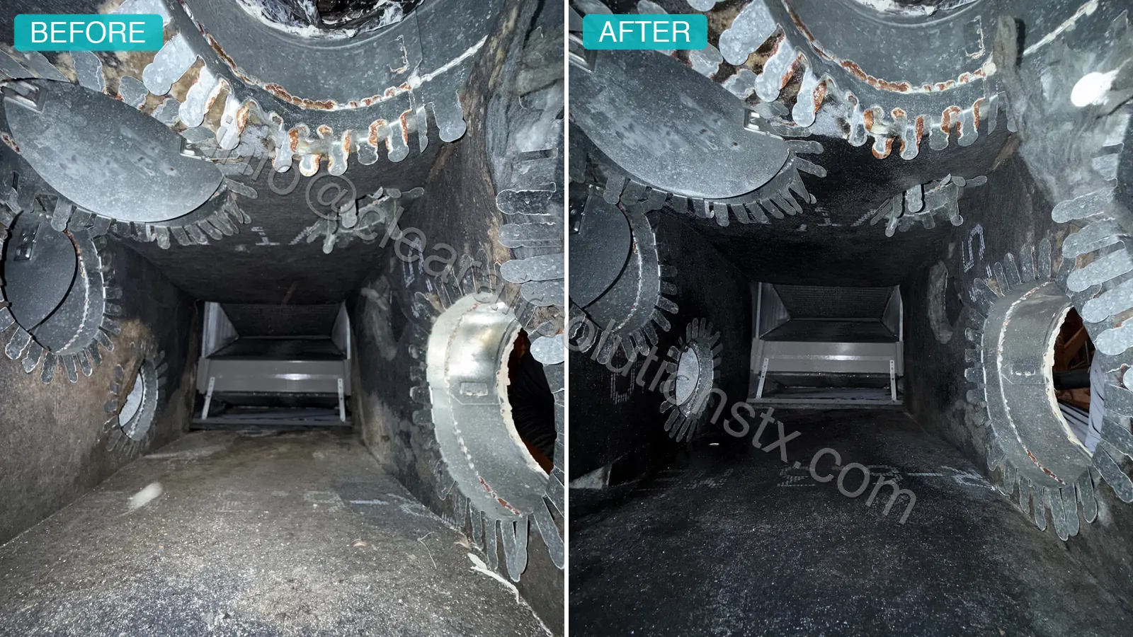 Before and after Plenum Box Cleaning in Cypress, TX by ClearAir Solutions, August 2026